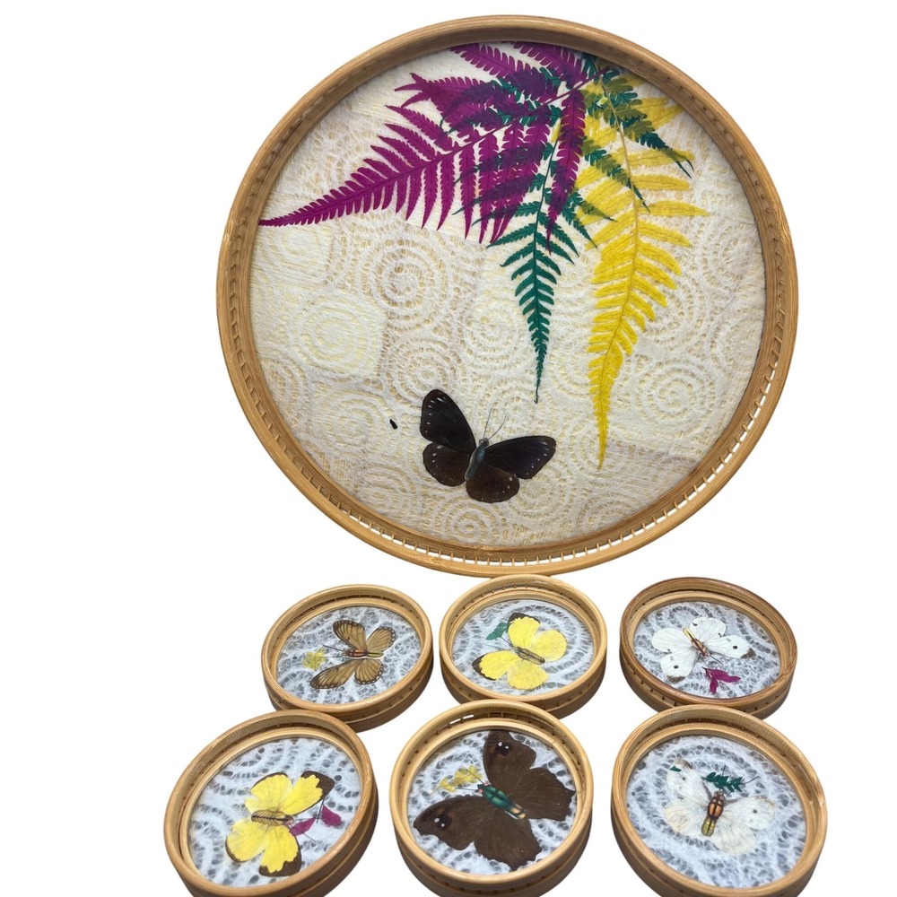 1970's Wooden Bamboo 11"round Serving Tray & 6 Coasters  Pressed Butterflies VTG